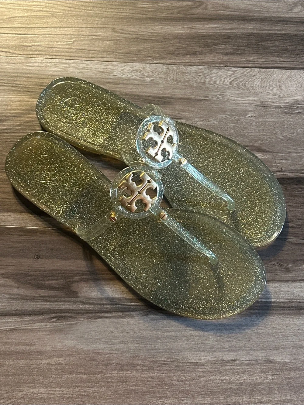 Tory Burch Metallic Gold Logo T-Strap Sandals